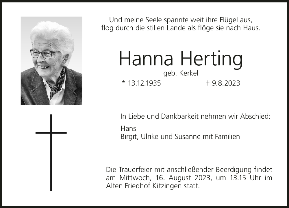  Traueranzeige für Hanna Herting vom 12.08.2023 aus MGO