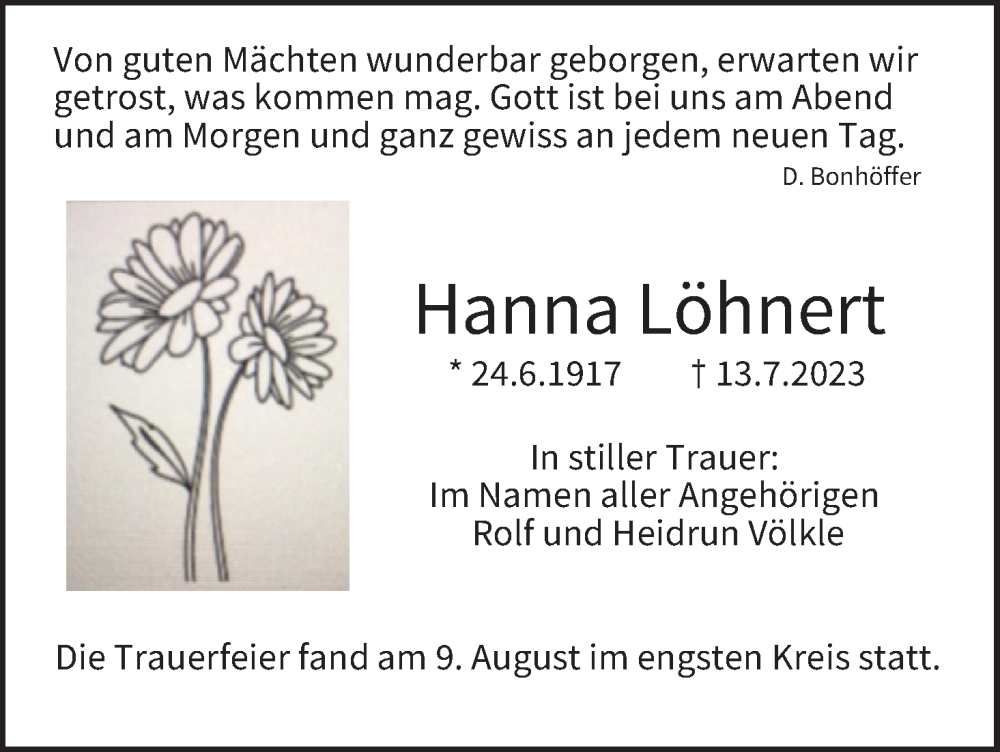  Traueranzeige für Hanna Löhnert vom 12.08.2023 aus MGO