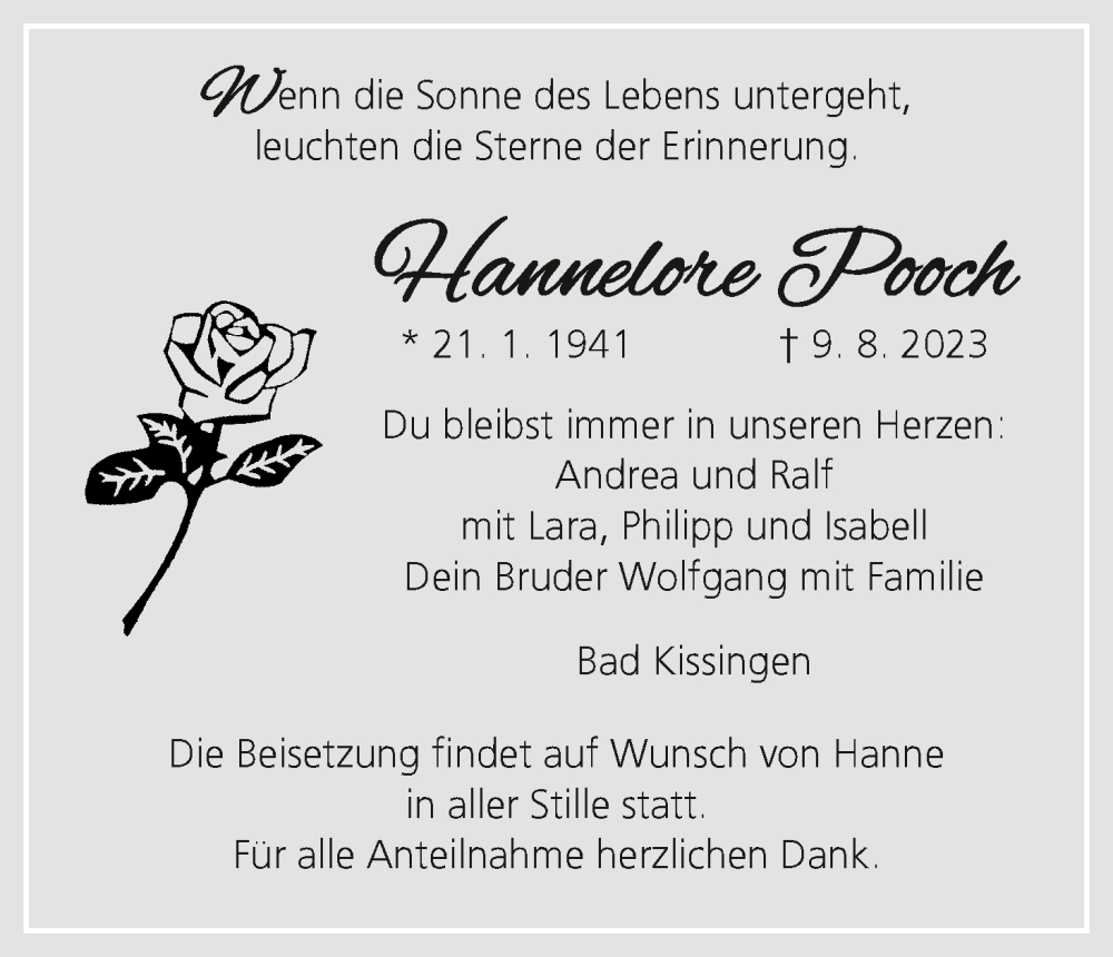  Traueranzeige für Hannelore Pooch vom 12.08.2023 aus MGO
