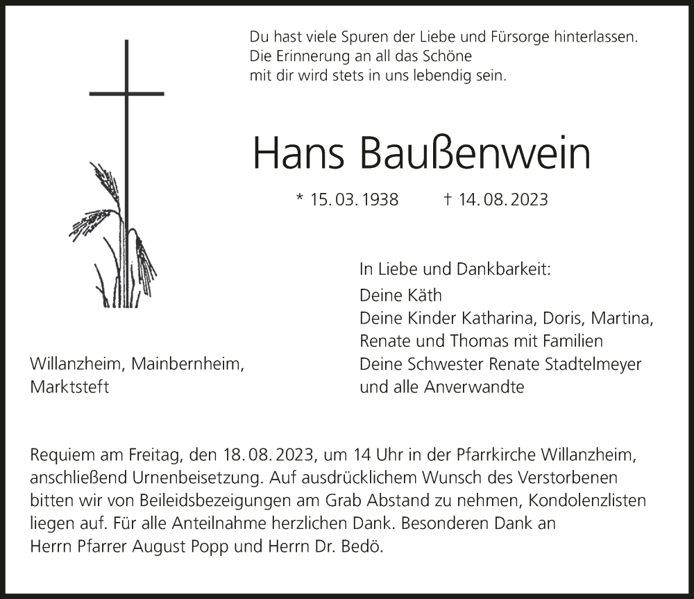  Traueranzeige für Hans Baußenwein vom 16.08.2023 aus MGO