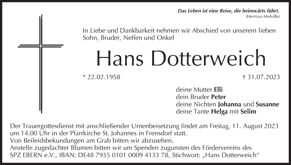  Traueranzeige für Hans Dotterweich vom 05.08.2023 aus MGO