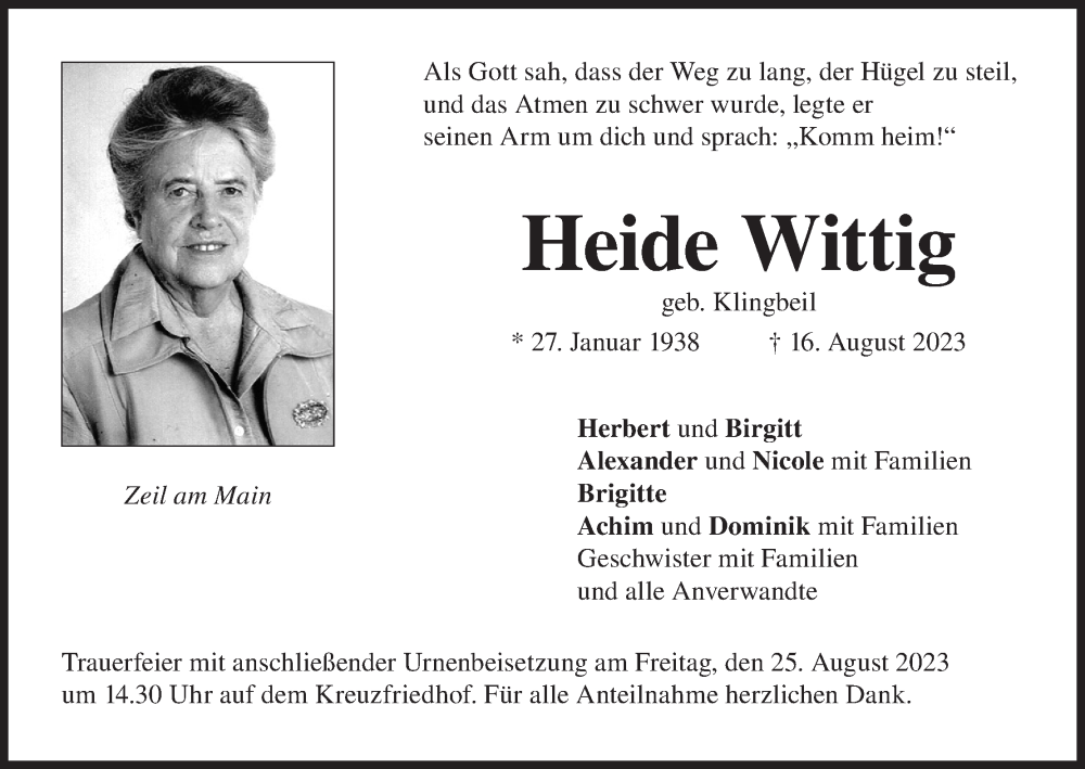  Traueranzeige für Heide Wittig vom 23.08.2023 aus MGO