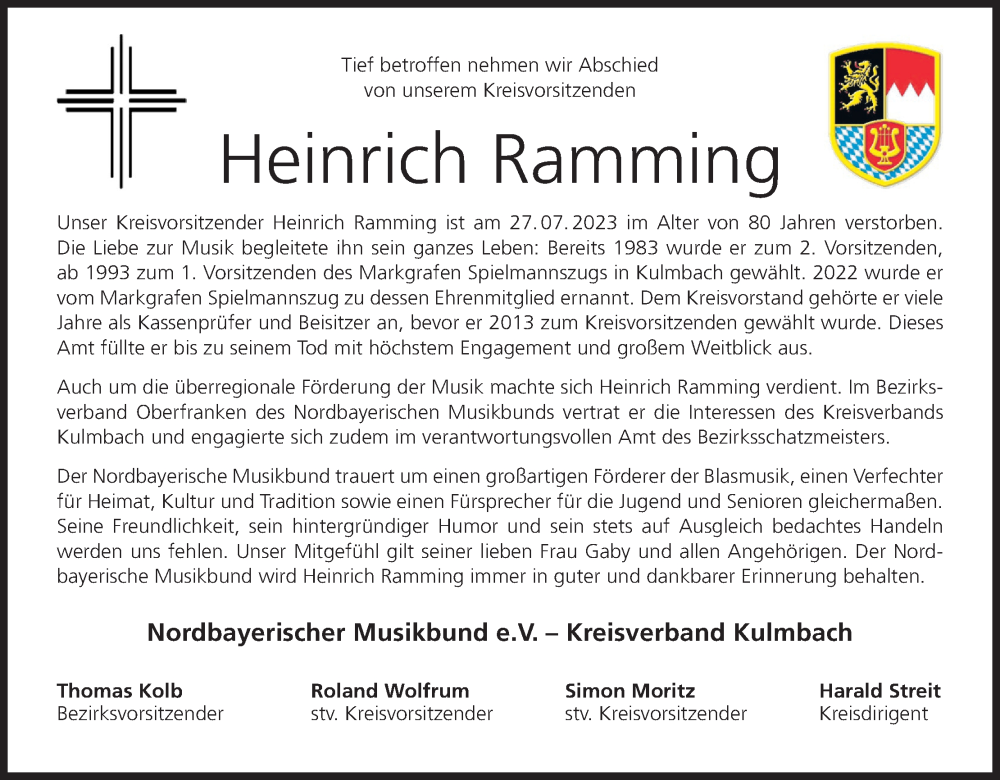  Traueranzeige für Heinrich Ramming vom 08.08.2023 aus MGO