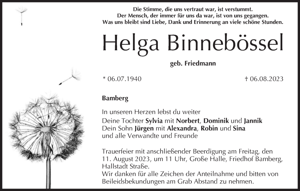  Traueranzeige für Helga Binnebössel vom 08.08.2023 aus MGO