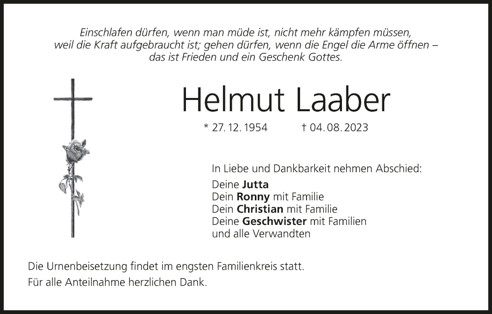  Traueranzeige für Helmut Laaber vom 09.08.2023 aus MGO