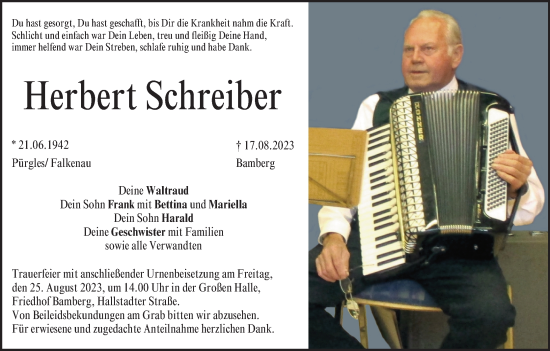 Anzeige von Herbert Schreiber von MGO