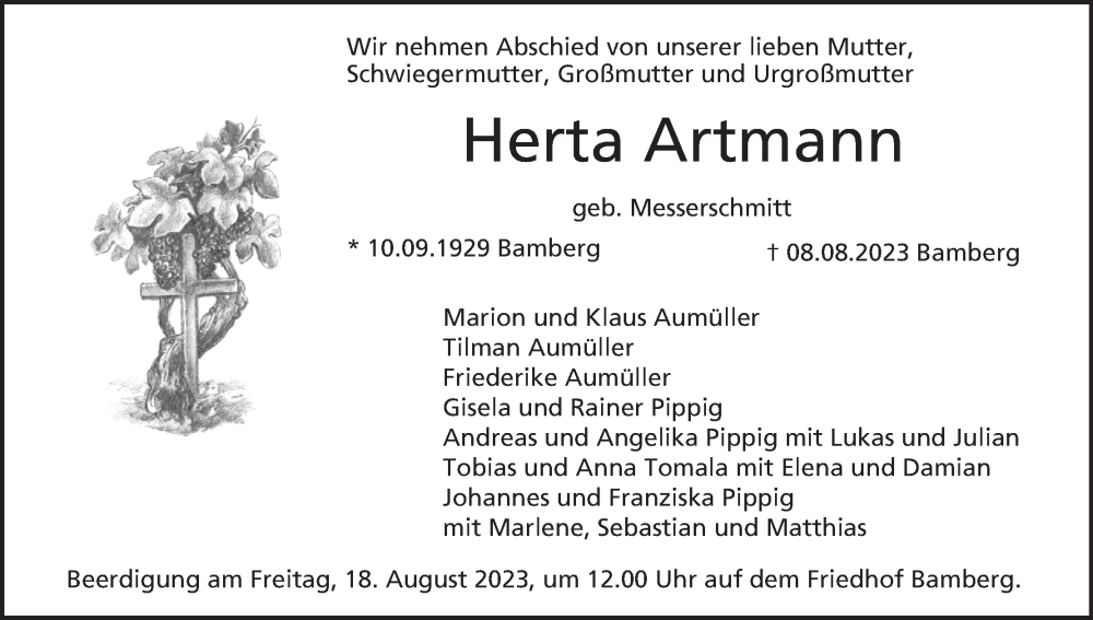 Traueranzeige für Herta Artmann vom 12.08.2023 aus MGO