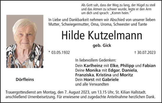 Anzeige von Hilde Kutzelmann von MGO