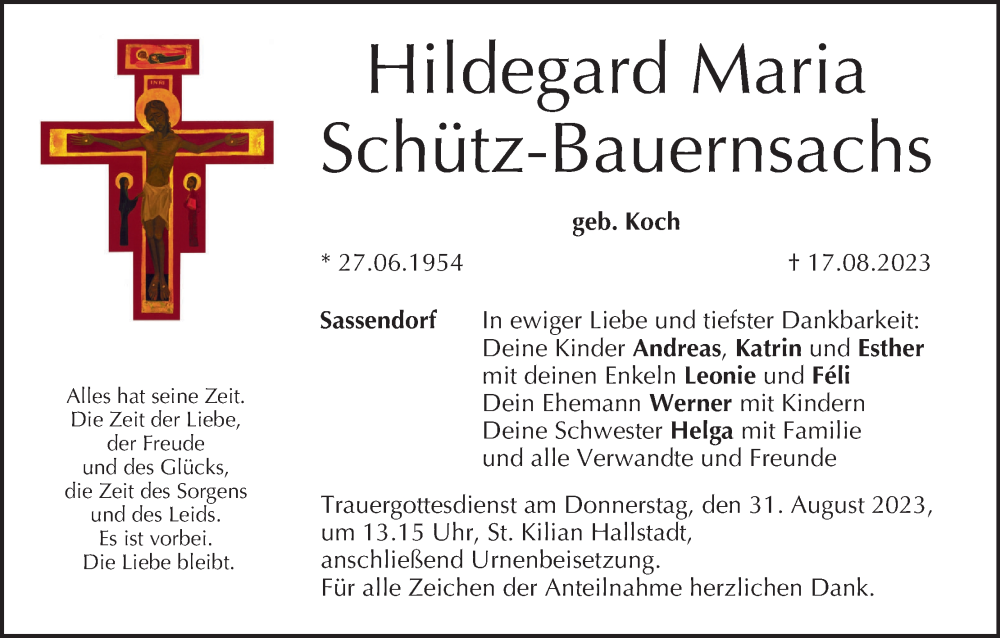  Traueranzeige für Hildegard Maria Schütz-Bauernsachs vom 26.08.2023 aus MGO