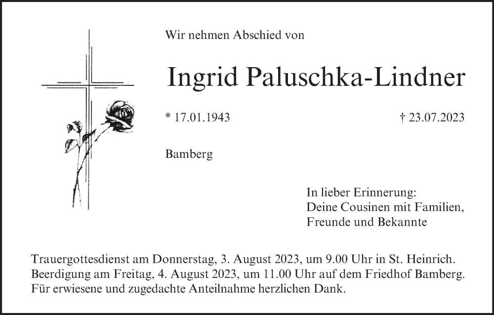  Traueranzeige für Ingrid Paluschka-Lindner vom 02.08.2023 aus MGO
