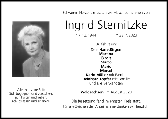 Anzeige von Ingrid Sternitzke von MGO
