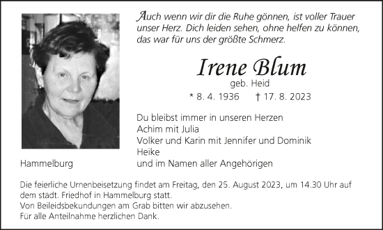 Anzeige von Irene Blum von MGO