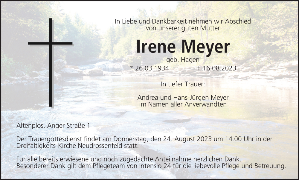  Traueranzeige für Irene Meyer vom 23.08.2023 aus MGO