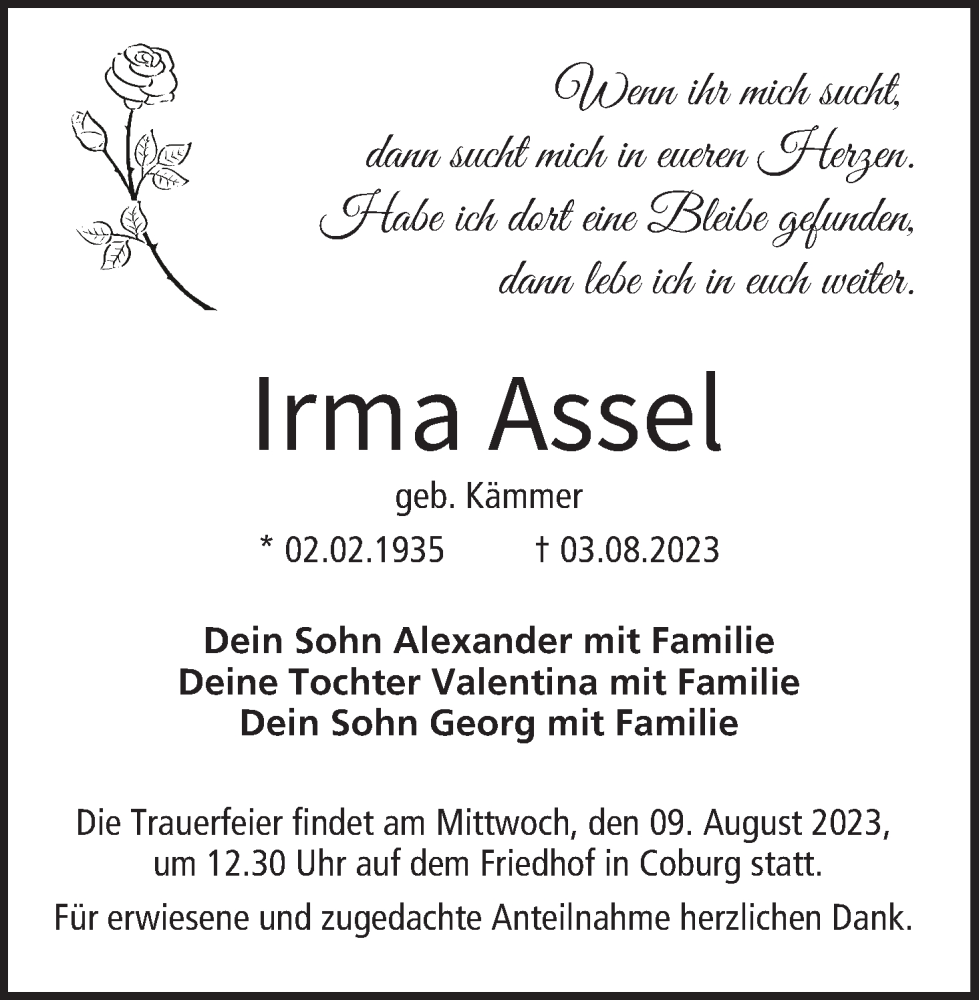  Traueranzeige für Irma Assel vom 05.08.2023 aus MGO