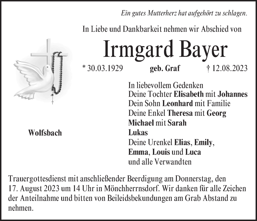  Traueranzeige für Irmgard Bayer vom 15.08.2023 aus MGO