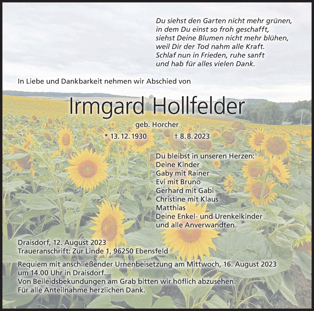  Traueranzeige für Irmgard Hollfelder vom 12.08.2023 aus MGO