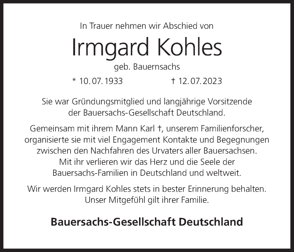  Traueranzeige für Irmgard Kohles vom 05.08.2023 aus MGO