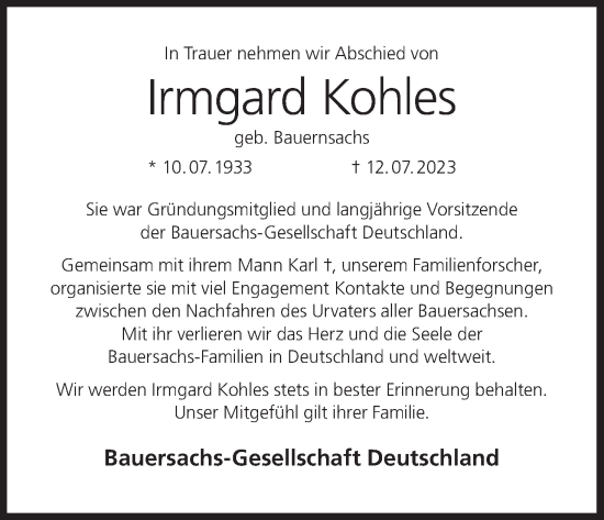 Anzeige von Irmgard Kohles von MGO
