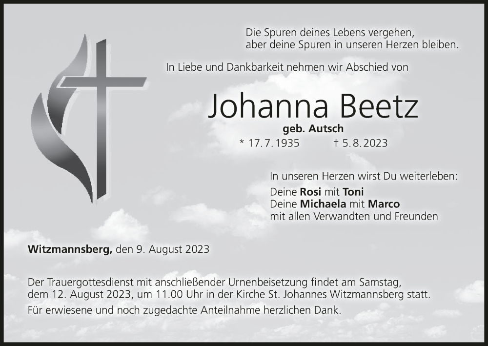  Traueranzeige für Johanna Beetz vom 09.08.2023 aus MGO