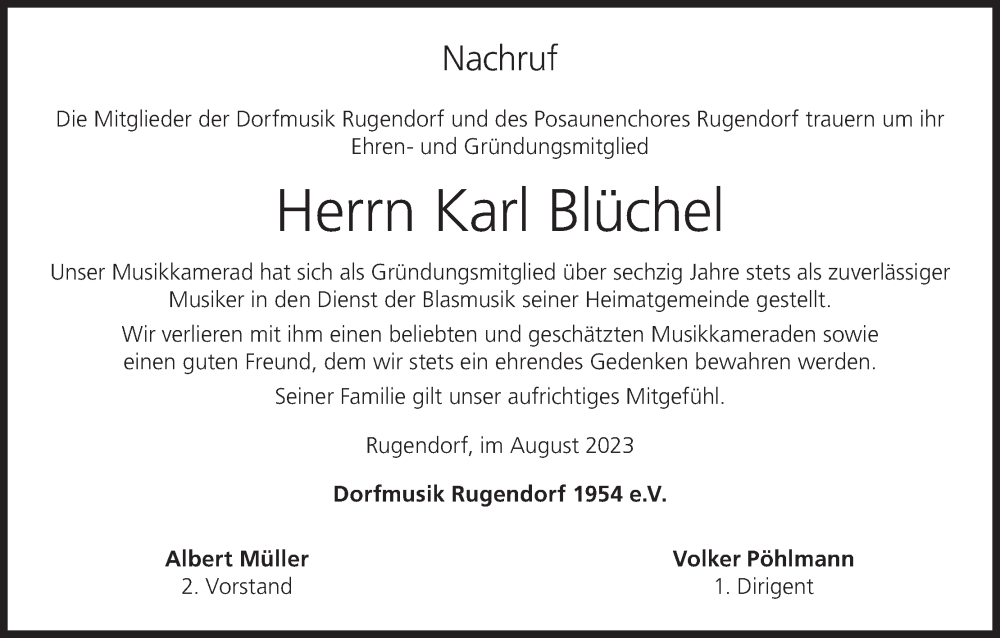  Traueranzeige für Karl Blüchel vom 02.08.2023 aus MGO