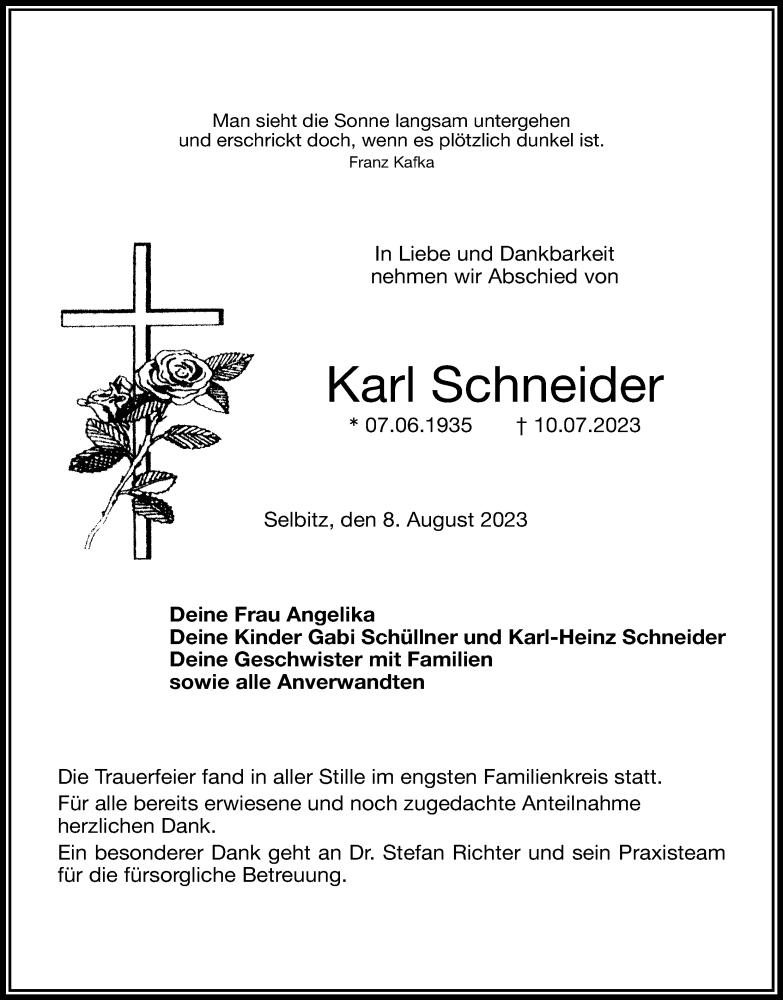  Traueranzeige für Karl Schneider vom 08.08.2023 aus MGO