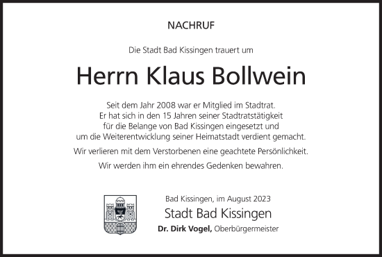 Anzeige von Klaus Bollwein von MGO