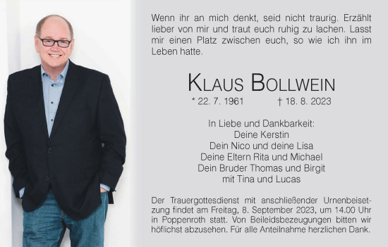 Anzeige von Klaus Bollwein von MGO