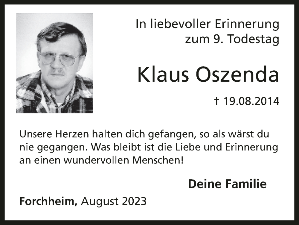  Traueranzeige für Klaus Oszenda vom 19.08.2023 aus MGO