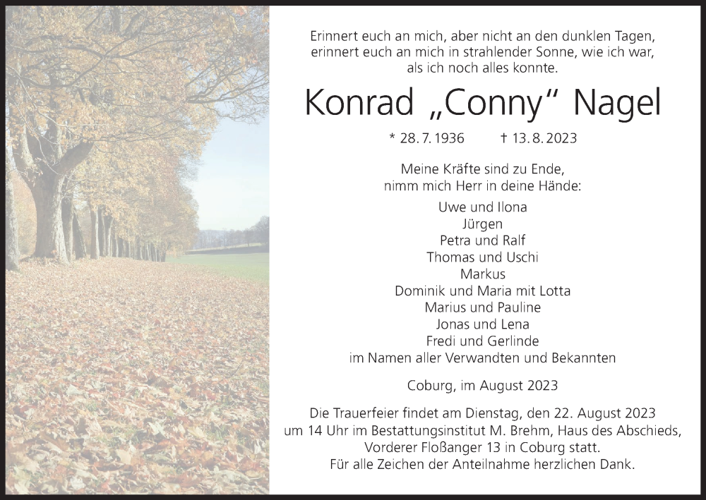  Traueranzeige für Konrad Nagel vom 16.08.2023 aus MGO
