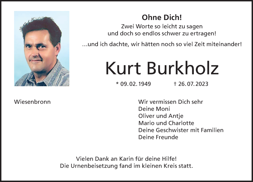 Traueranzeige für Kurt Burkholz vom 12.08.2023 aus MGO