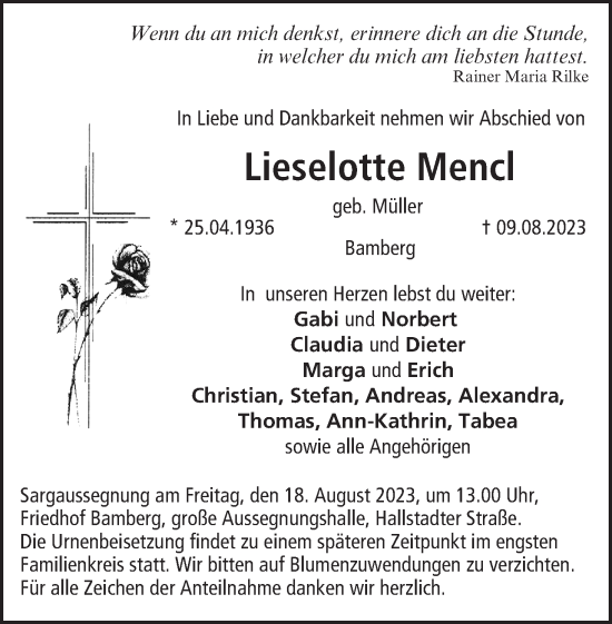 Anzeige von Lieselotte Mencl von MGO