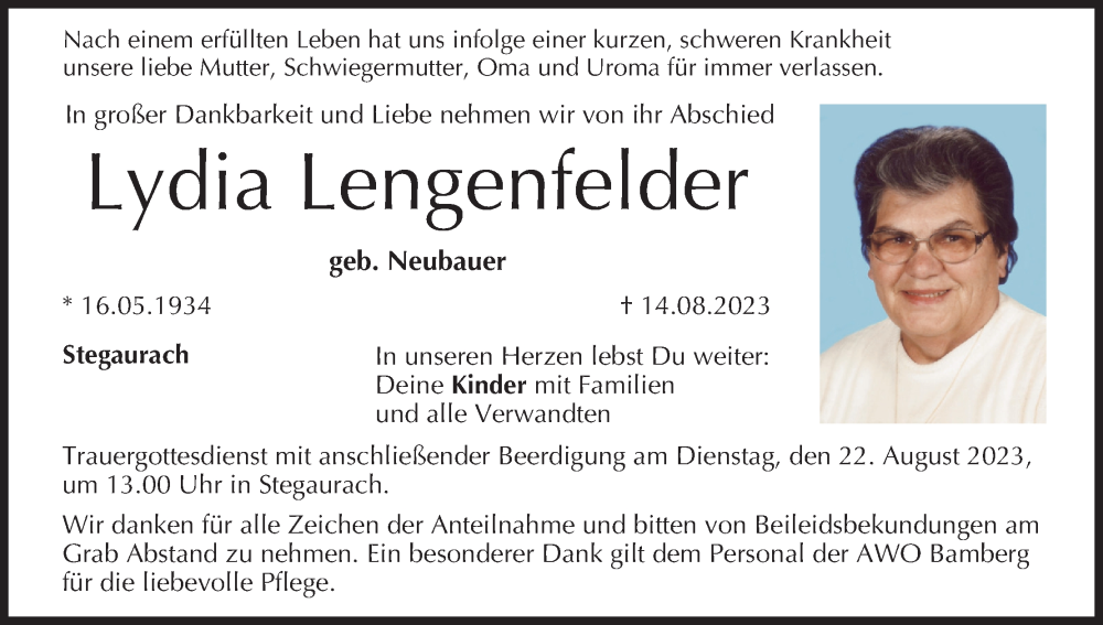  Traueranzeige für Lydia Lengenfelder vom 19.08.2023 aus MGO