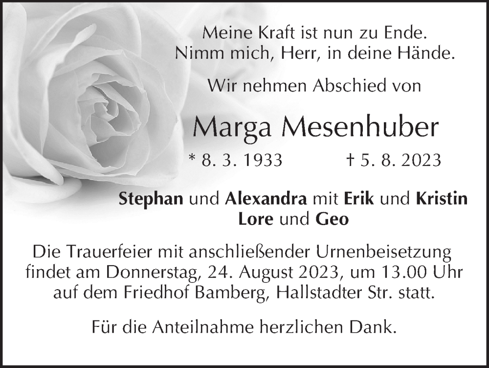  Traueranzeige für Marga Mesenhuber vom 19.08.2023 aus MGO