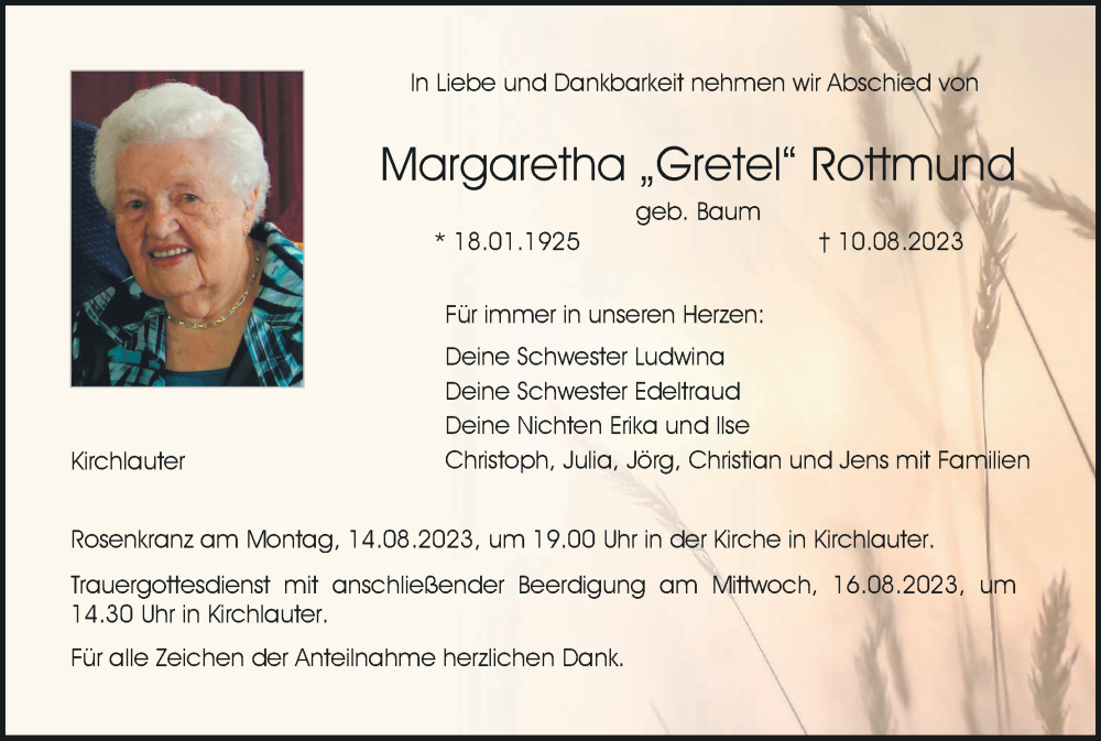  Traueranzeige für Margaretha Rottmund vom 12.08.2023 aus MGO