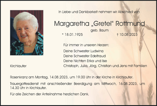 Anzeige von Margaretha Rottmund von MGO
