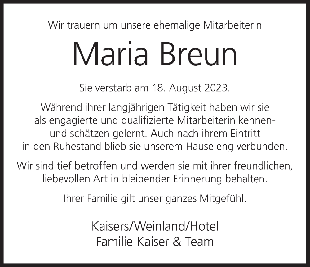  Traueranzeige für Maria Breun vom 23.08.2023 aus MGO