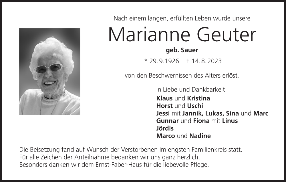  Traueranzeige für Marianne Geuter vom 26.08.2023 aus MGO
