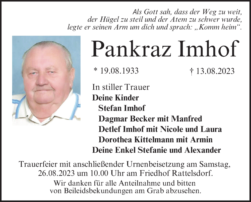  Traueranzeige für Pankraz Imhof vom 19.08.2023 aus MGO