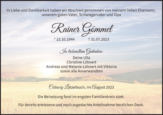 Anzeige von Rainer Gömmel von MGO