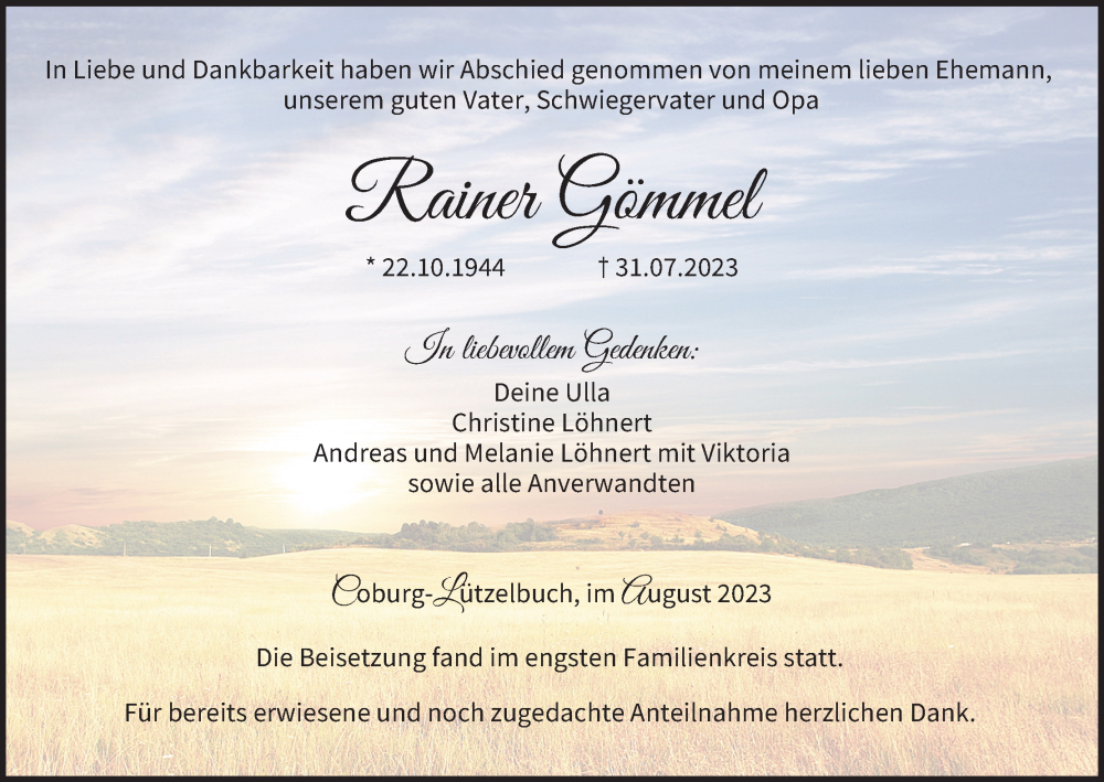 Traueranzeige für Rainer Gömmel vom 12.08.2023 aus MGO
