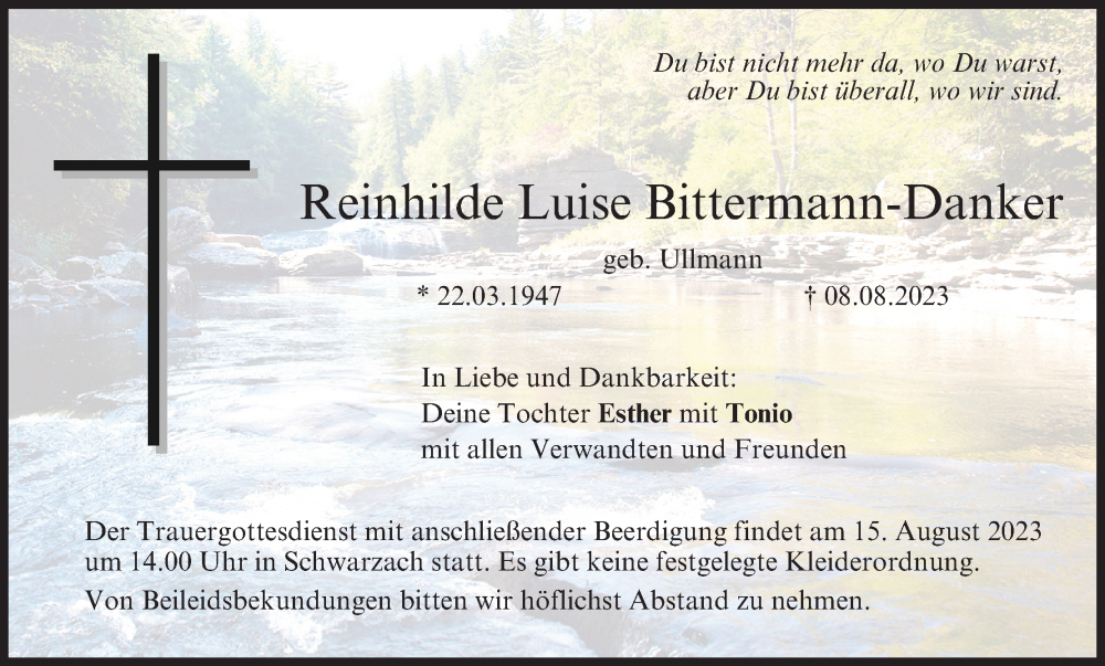  Traueranzeige für Reinhilde Luise Bittermann-Danker vom 12.08.2023 aus MGO
