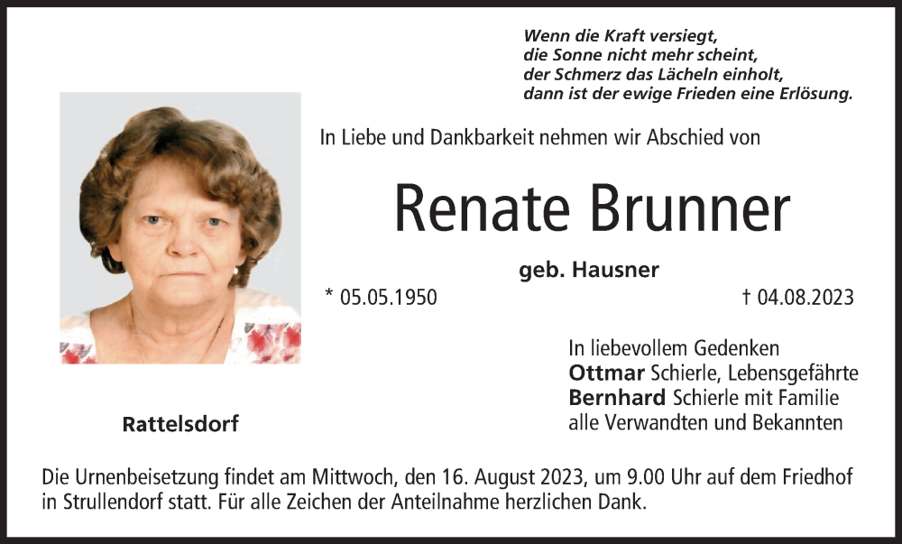  Traueranzeige für Renate Brunner vom 12.08.2023 aus MGO