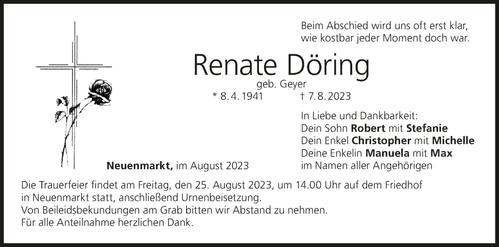  Traueranzeige für Renate Döring vom 19.08.2023 aus MGO