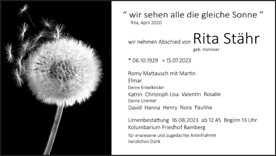 Anzeige von Rita Stähr von MGO