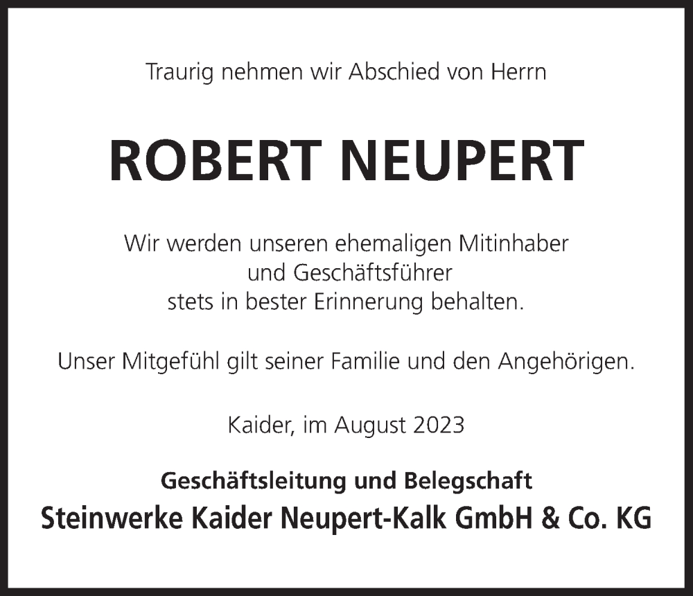  Traueranzeige für Robert Neupert vom 22.08.2023 aus MGO
