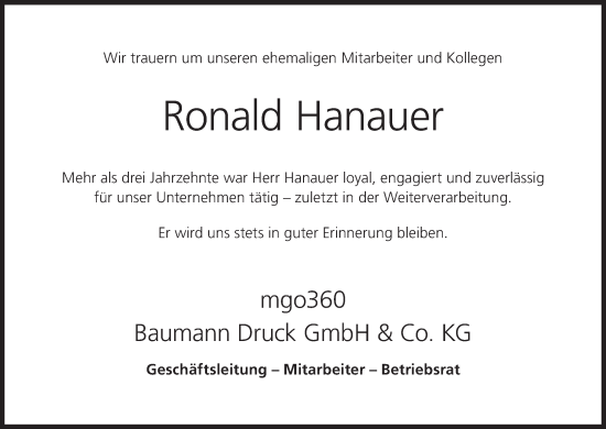 Anzeige von Ronald Hanauer von MGO