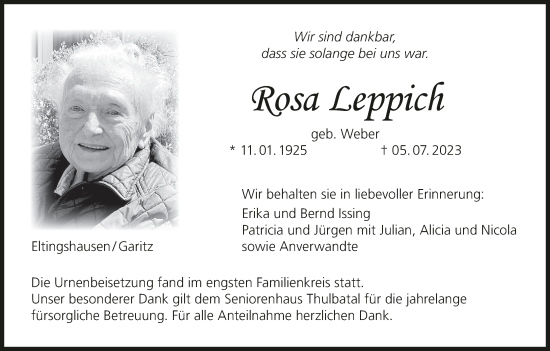 Anzeige von Rosa Leppich von MGO