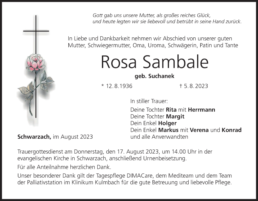  Traueranzeige für Rosa Sambale vom 12.08.2023 aus MGO