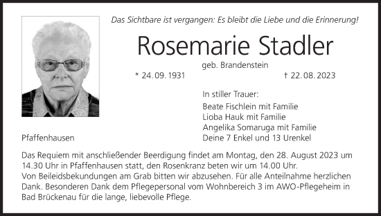 Anzeige von Rosemarie Stadler von MGO