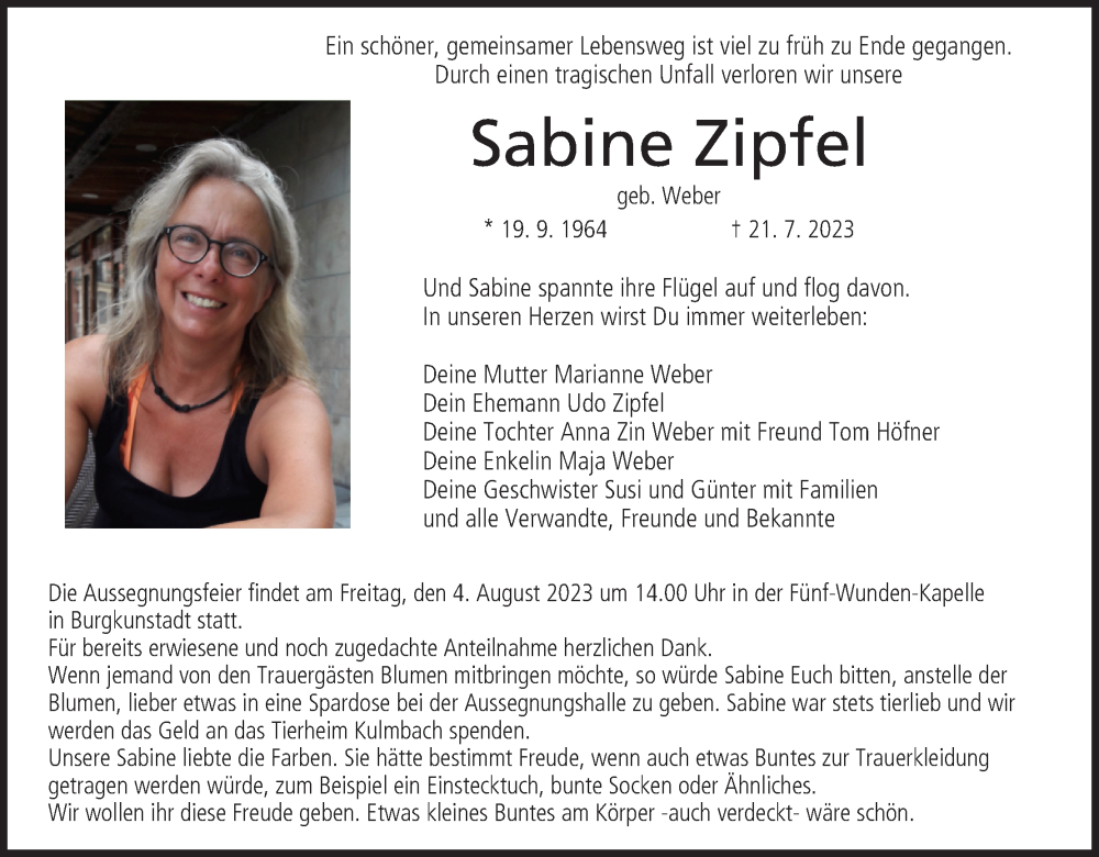  Traueranzeige für Sabine Zipfel vom 02.08.2023 aus MGO